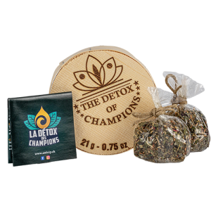 la boîte detox des champion avec ses deux sachets et son flyer